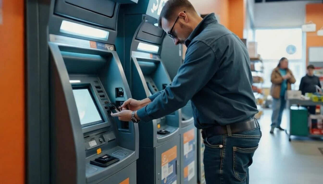 Technician installing a modern ATM in a high-traffic convenience store