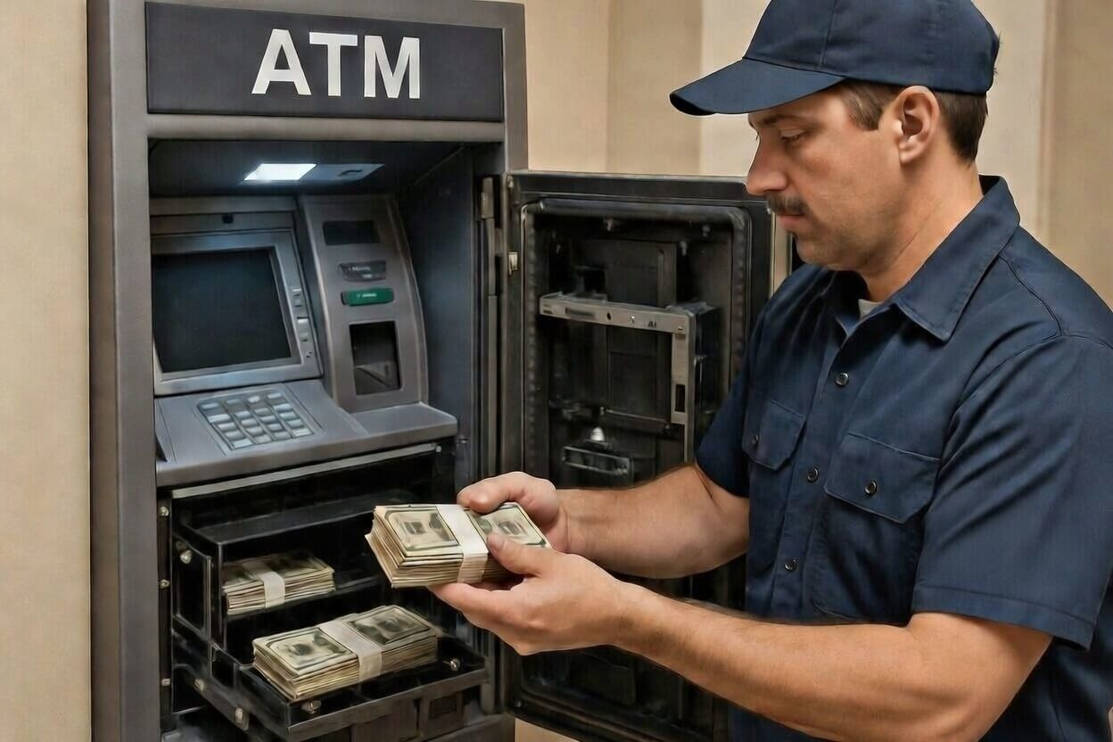 Technician securely loading cash bundles into an ATM